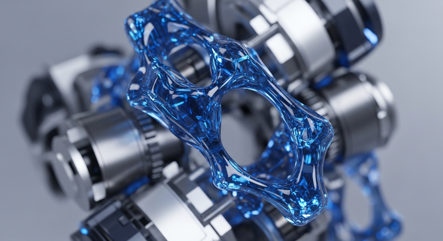 A vibrant blue, intricately structured translucent form dominates the foreground, set against a blurred background of metallic cylindrical and gear-like components. The detailed blue lattice appears to flow and connect, highlighting its complex internal structure and reflective surfaces
