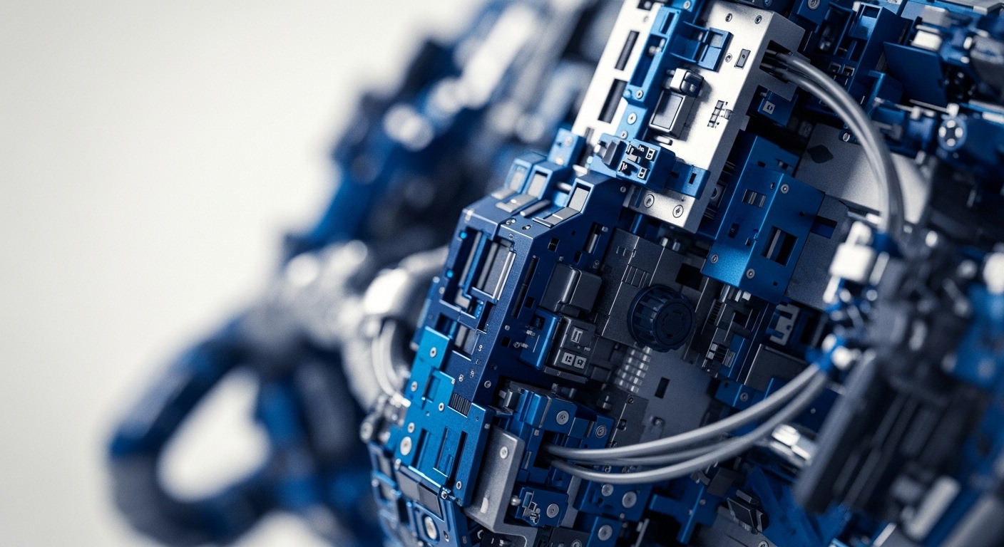 Close-up detail of an intricate, futuristic blue and silver metallic mechanism, composed of numerous interconnected geometric modules and subtle wiring. The foreground elements are sharply focused, while the background blurs into a soft, light grey