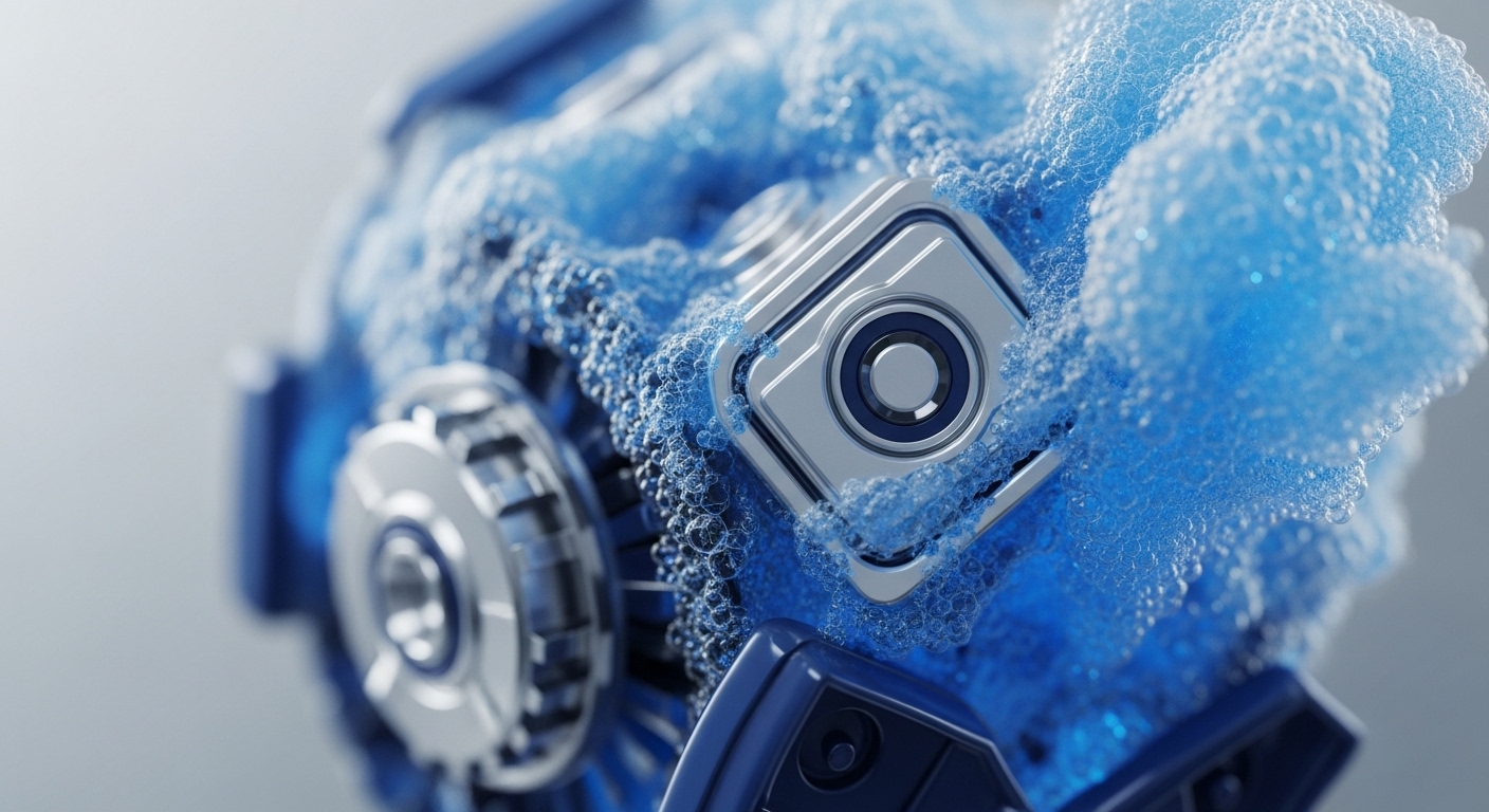 A sophisticated mechanical component, predominantly silver and dark blue, is depicted immersed in a dynamic mass of translucent blue bubbles. The central element is a distinct silver square module with intricate concentric circles, reminiscent of a cryptographic primitive or a secure oracle interface