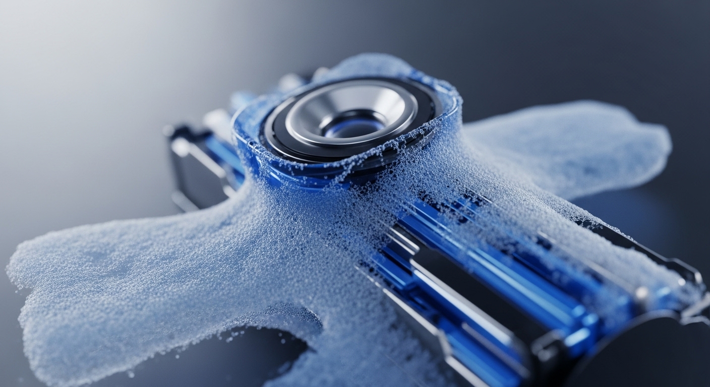 A detailed close-up reveals a sophisticated metallic and blue mechanical component. Its surfaces are partially covered by a fine, light-blue granular substance, creating a textured, dynamic appearance