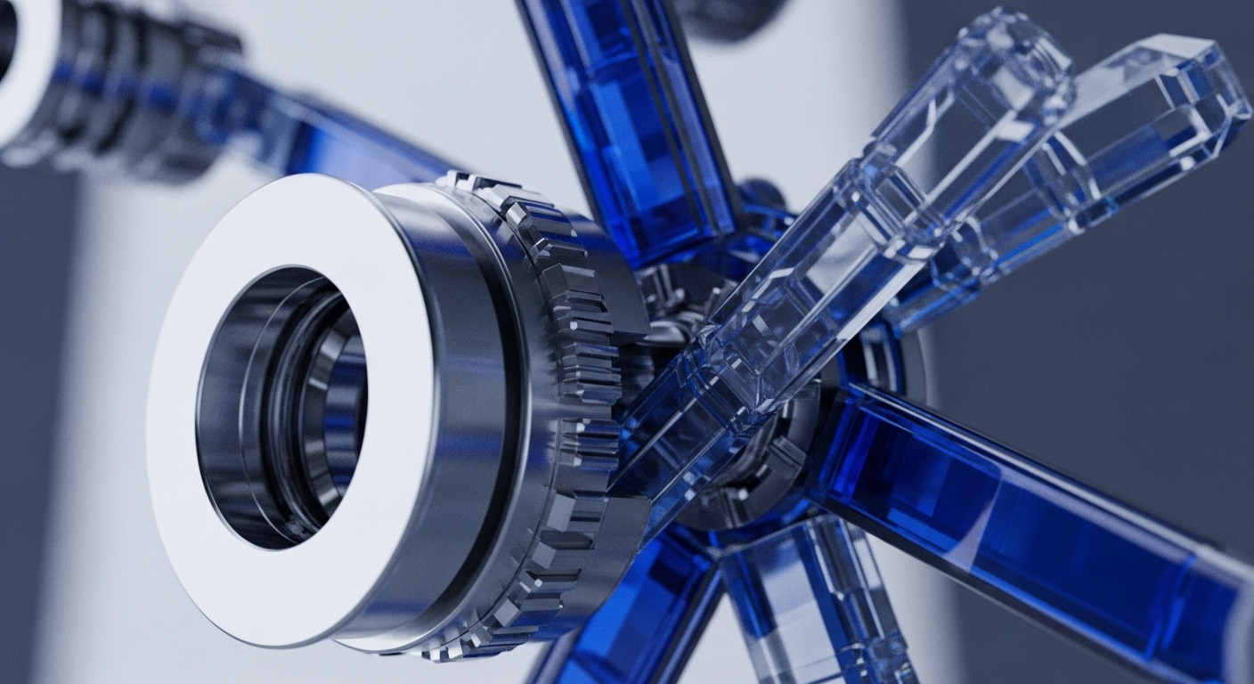 Polished metallic rings with finely detailed gear teeth form the central focus of this abstract image, surrounded by a network of translucent blue rectangular rods. These rods extend and connect, creating a dynamic, three-dimensional structure against a soft, gradient background