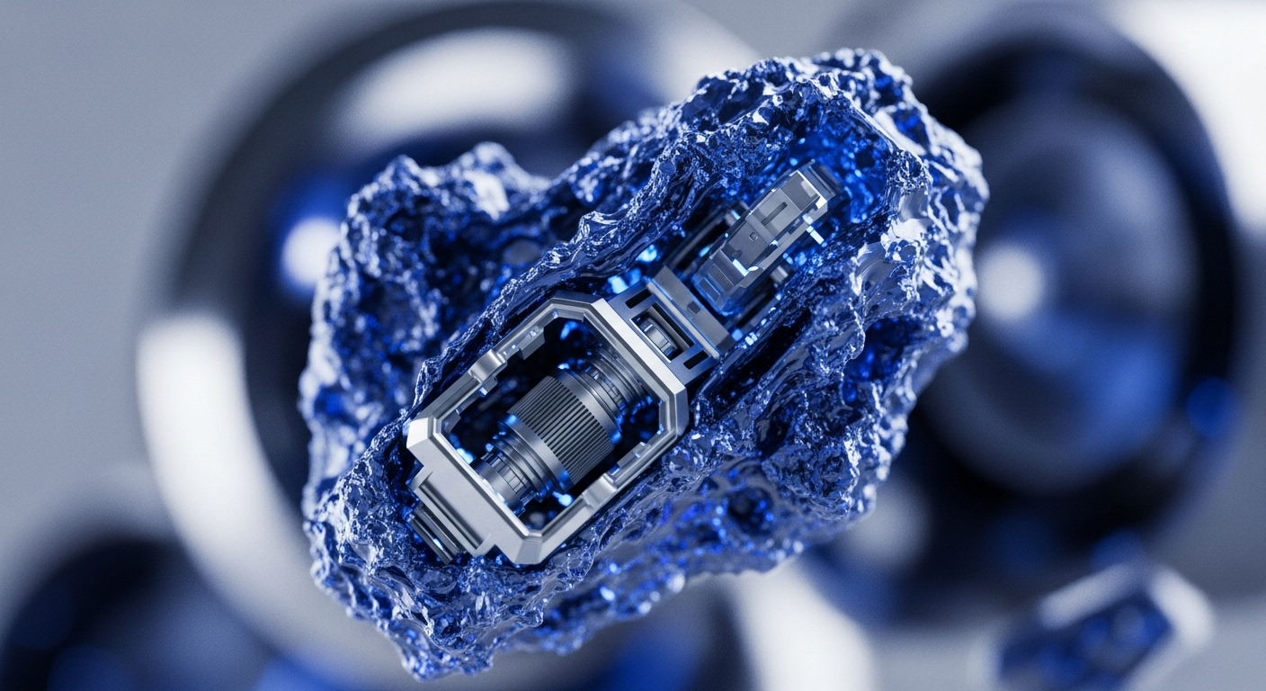 A sophisticated metallic mechanism is meticulously encased within a rough, luminous blue crystalline matrix, radiating an internal glow. This central component is presented against a soft, blurred background of blue and grey, suggesting a vast, interconnected digital environment