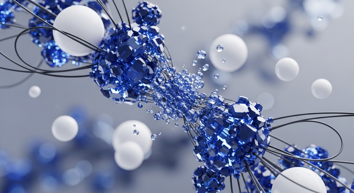 The image presents an abstract arrangement of shiny blue geometric clusters and smooth white spheres, intricately linked by thin black lines against a soft grey background. The central region features a denser concentration of smaller, highly reflective blue elements, creating a sense of dynamic movement and complex interconnectedness