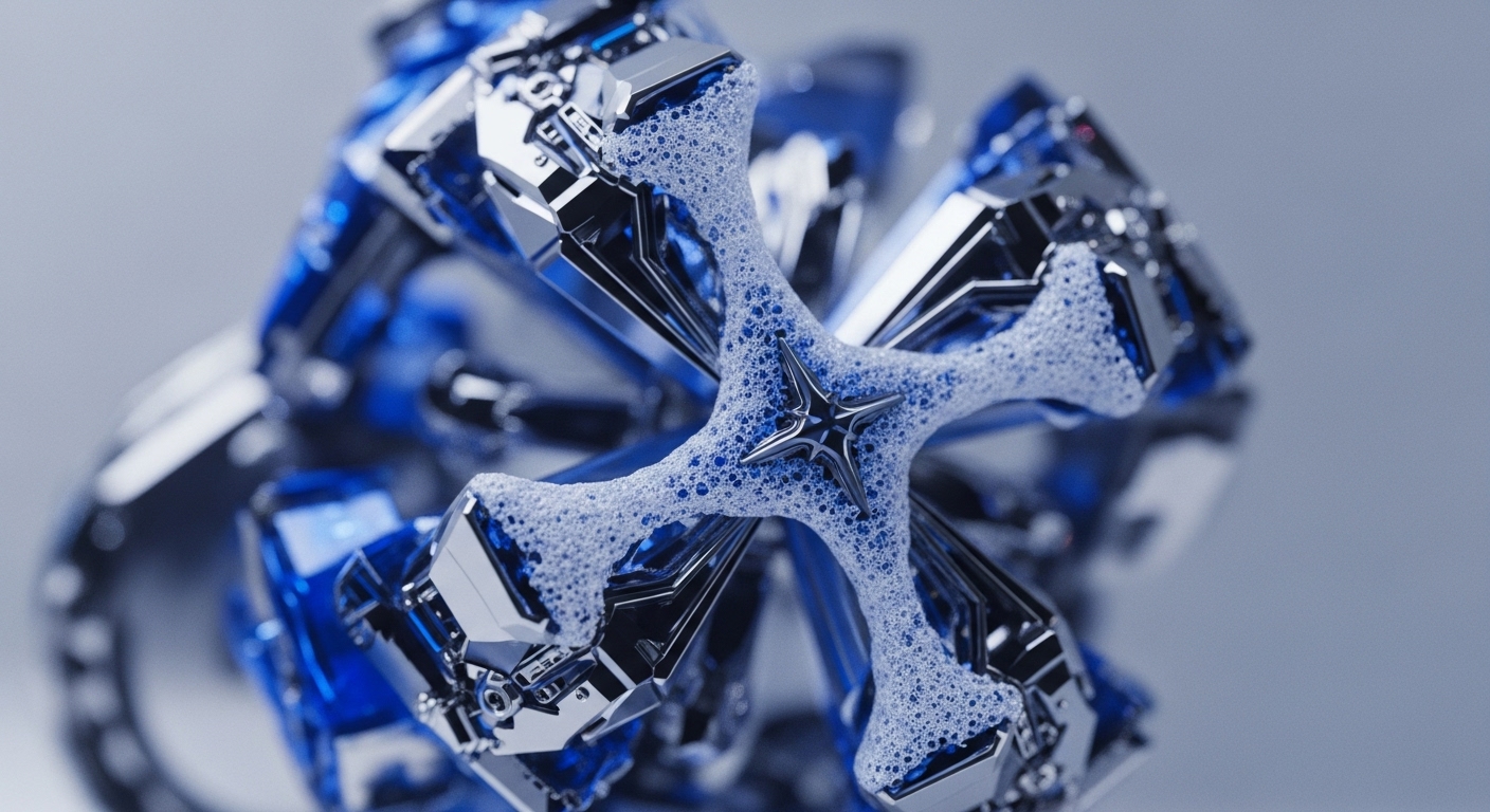 A detailed close-up shows a complex, futuristic mechanism composed of shiny silver and translucent blue components. At its core, a cross-shaped structure made of light blue foamy material features a prominent metallic five-pointed star