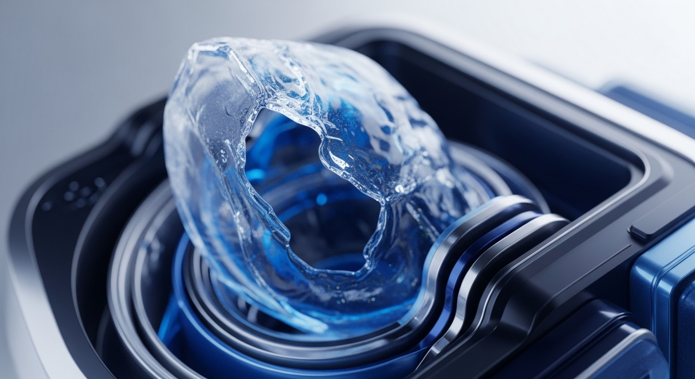A vibrant, translucent blue liquid structure forms a continuous, dynamic flow within a sleek, multi-layered device featuring dark and metallic blue components. The central fluid element appears to be in motion, reflecting light and interacting with the intricate mechanical housing, suggesting an advanced system at work