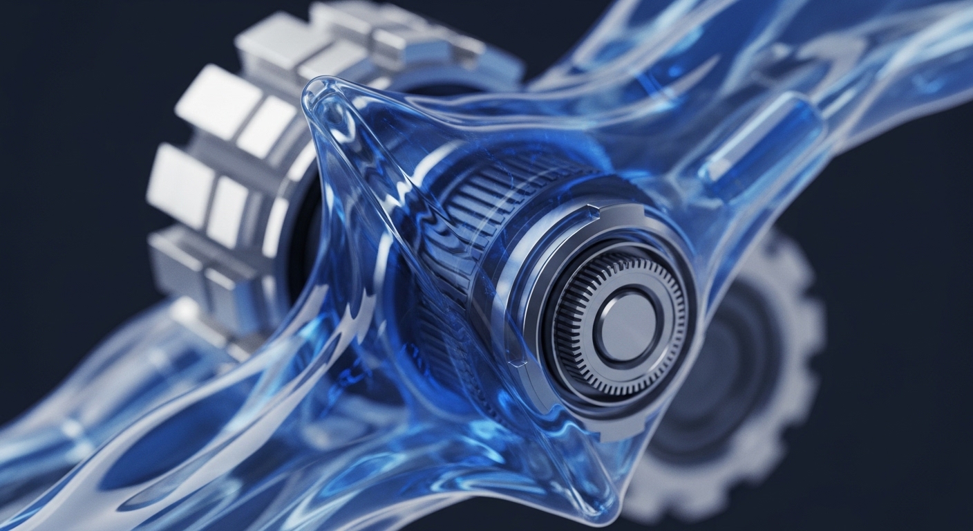 A close-up view highlights a sophisticated metallic mechanism, intricately designed with gear-like components and radial textures. This central protocol engine is immersed within a vibrant, translucent blue fluid, which dynamically encapsulates its structure