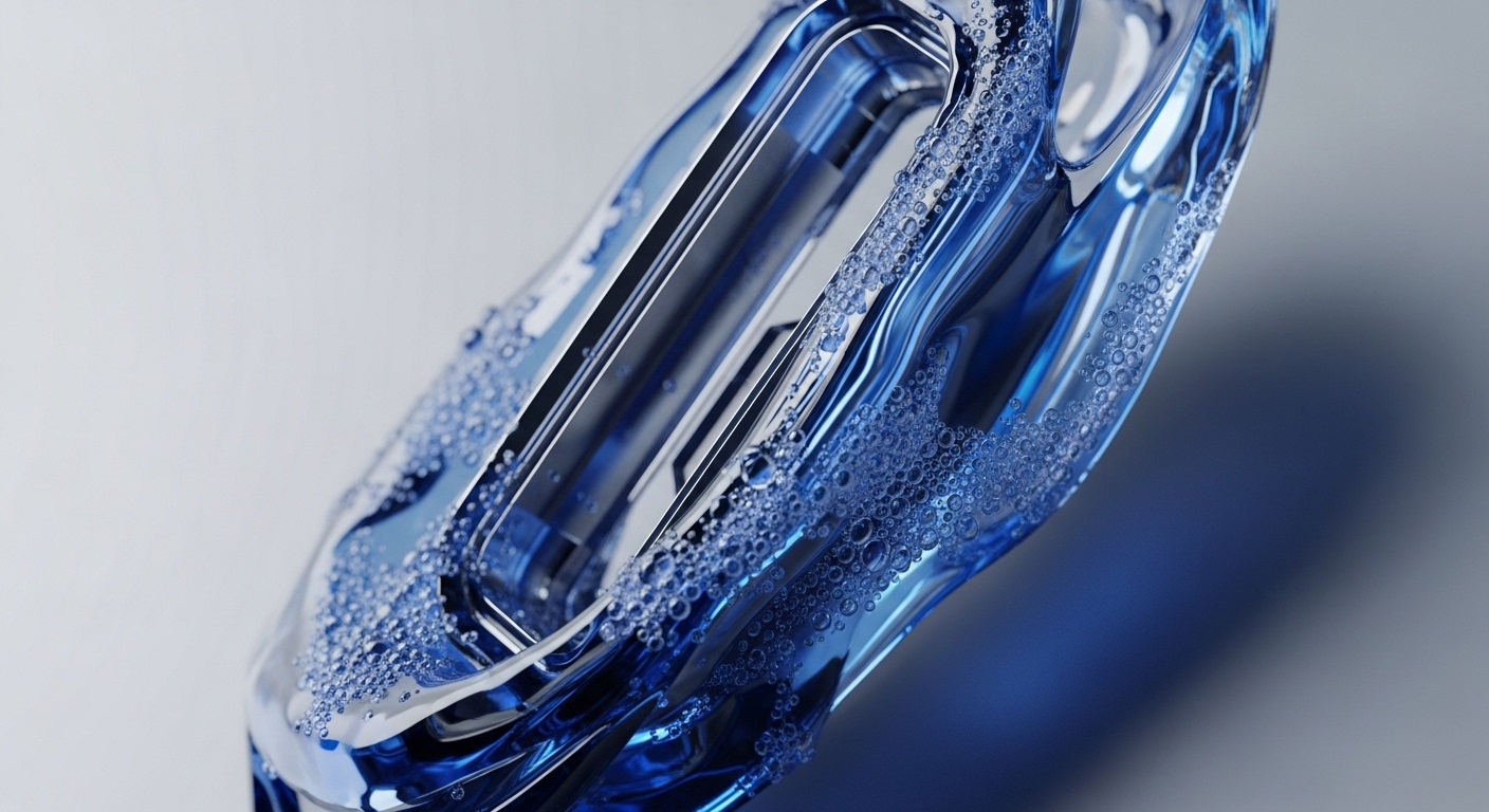 A striking abstract form, rendered in luminous blue and translucent material, features an outer surface adorned with numerous small, spherical bubbles, set against a soft, gradient background. Its internal structure reveals complex, layered pathways, suggesting intricate design and functional depth within its fluid contours