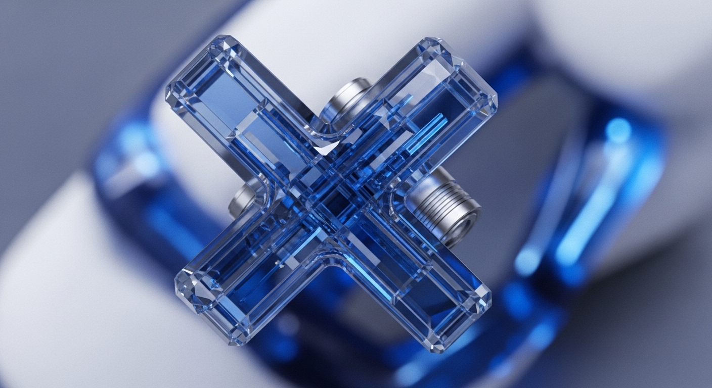 A central, translucent blue X-shaped structure, reminiscent of a complex cross-chain bridging protocol, features faceted edges reflecting light, suggesting on-chain transparency. Silver metallic connectors at its core indicate robust interoperability mechanisms and secure multi-party computation. The object appears engineered, symbolizing the precision required for distributed ledger technology DLT integration. A soft, blurred background in cool tones emphasizes the intricate design, highlighting its role in facilitating seamless atomic swaps or protocol bonding within a decentralized ecosystem.