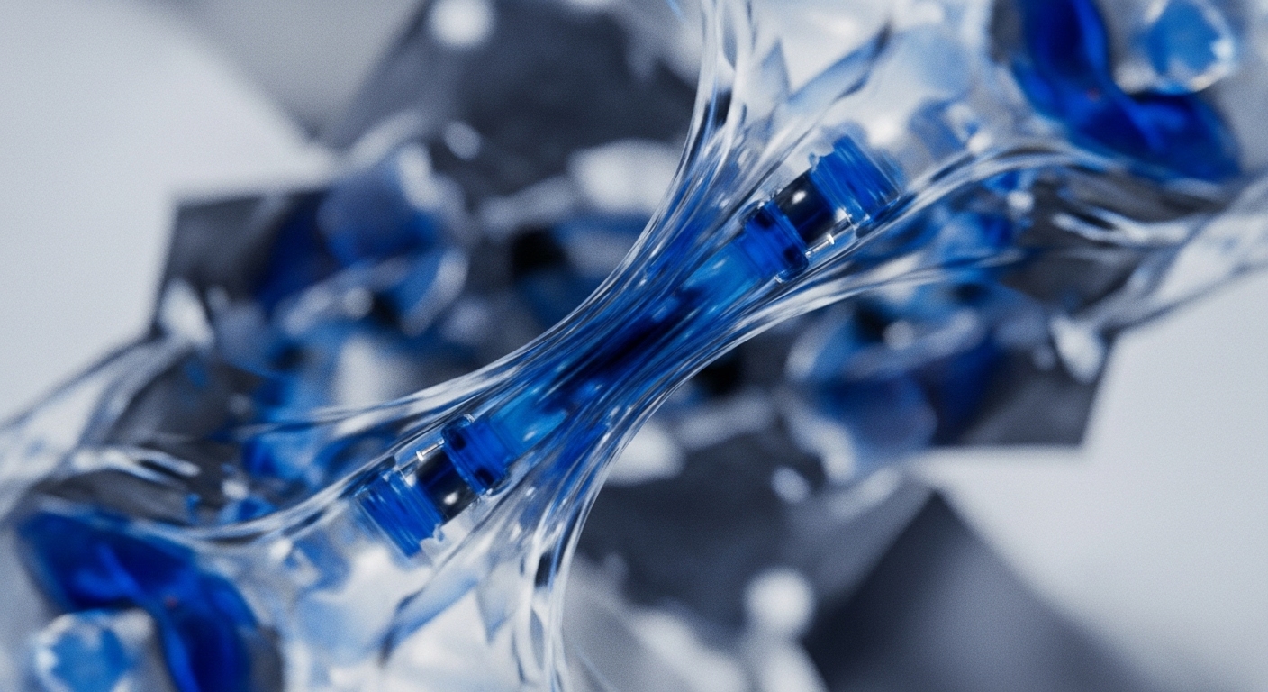 A macro view reveals a twisting, transparent structure resembling interwoven channels, encapsulating multiple bright blue cylindrical components. The central focus is sharp, highlighting the intricate details of the clear material and the distinct blue elements within, set against a soft, out-of-focus background of similar cool tones