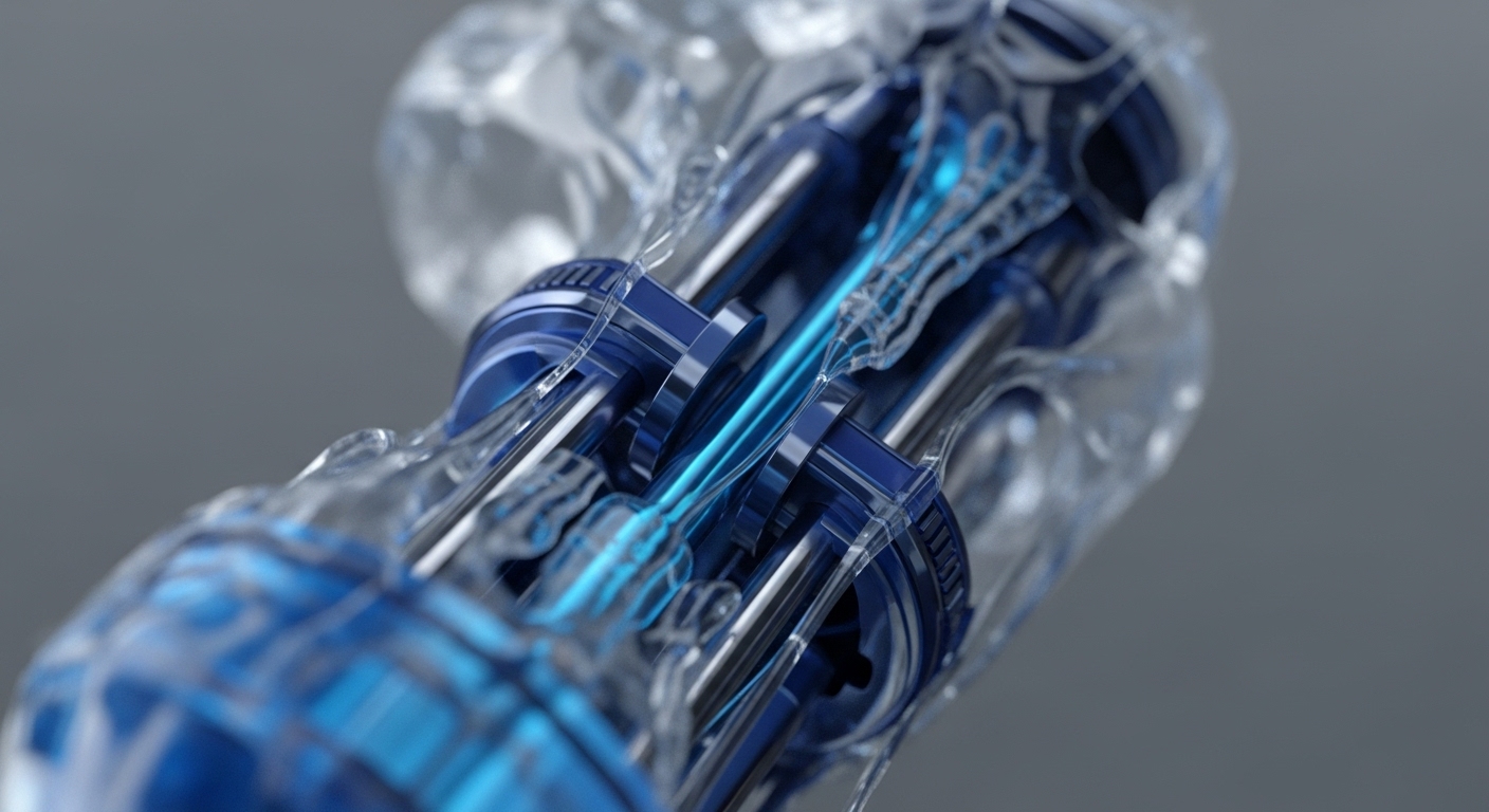 A transparent mechanical system with glowing blue elements is shown against a grey background, featuring several piston-like components and a central, brightly illuminated blue data conduit. The intricate inner workings are visible through the clear casing, providing a conceptual view of a high-performance blockchain architecture