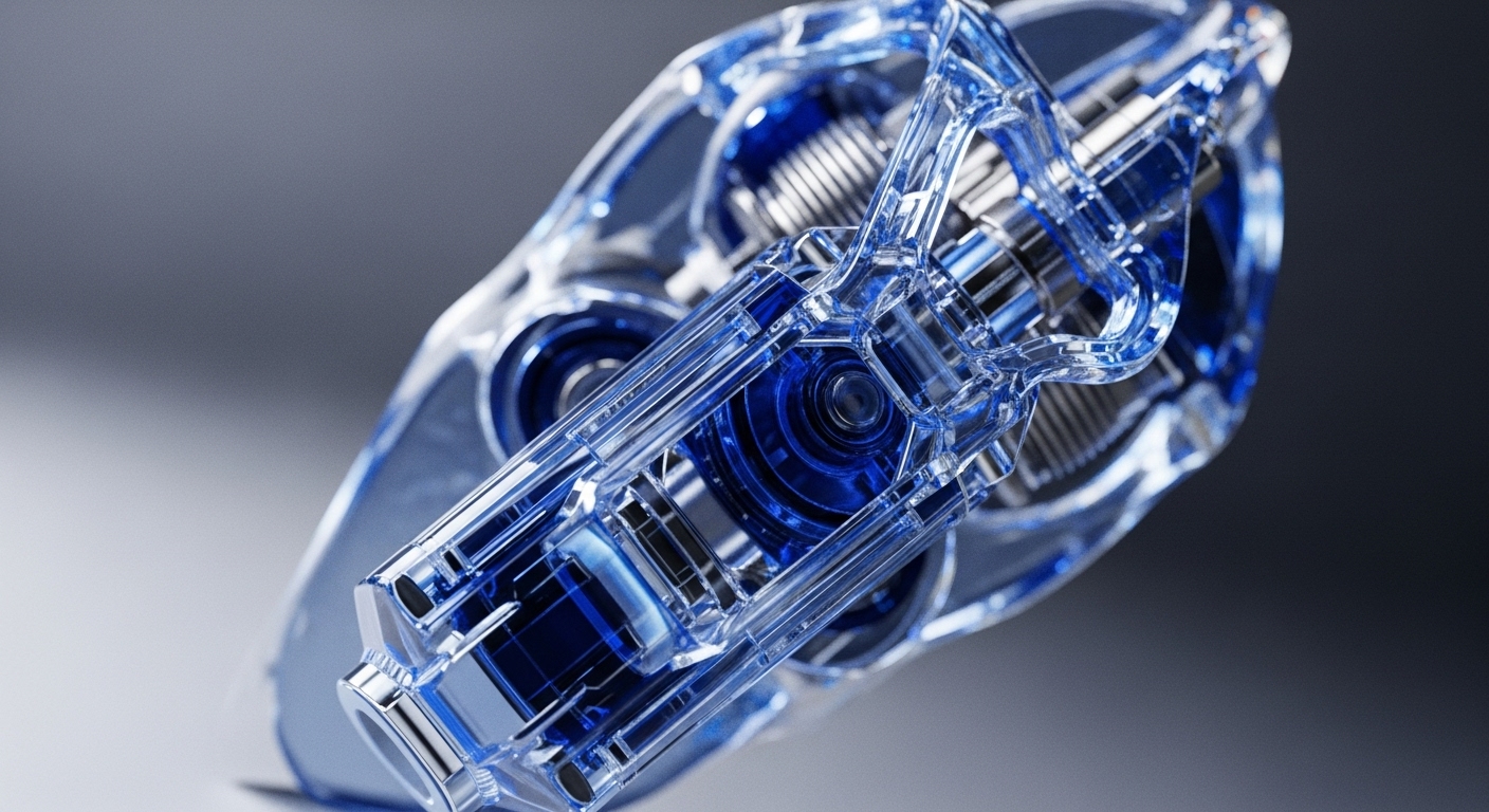 A highly detailed view showcases a transparent blue mechanical device, revealing intricate internal metallic components and complex gearing. The clear casing highlights the precision-engineered shafts and interconnected structures, set against a subtle gradient background, emphasizing the device's depth and complexity