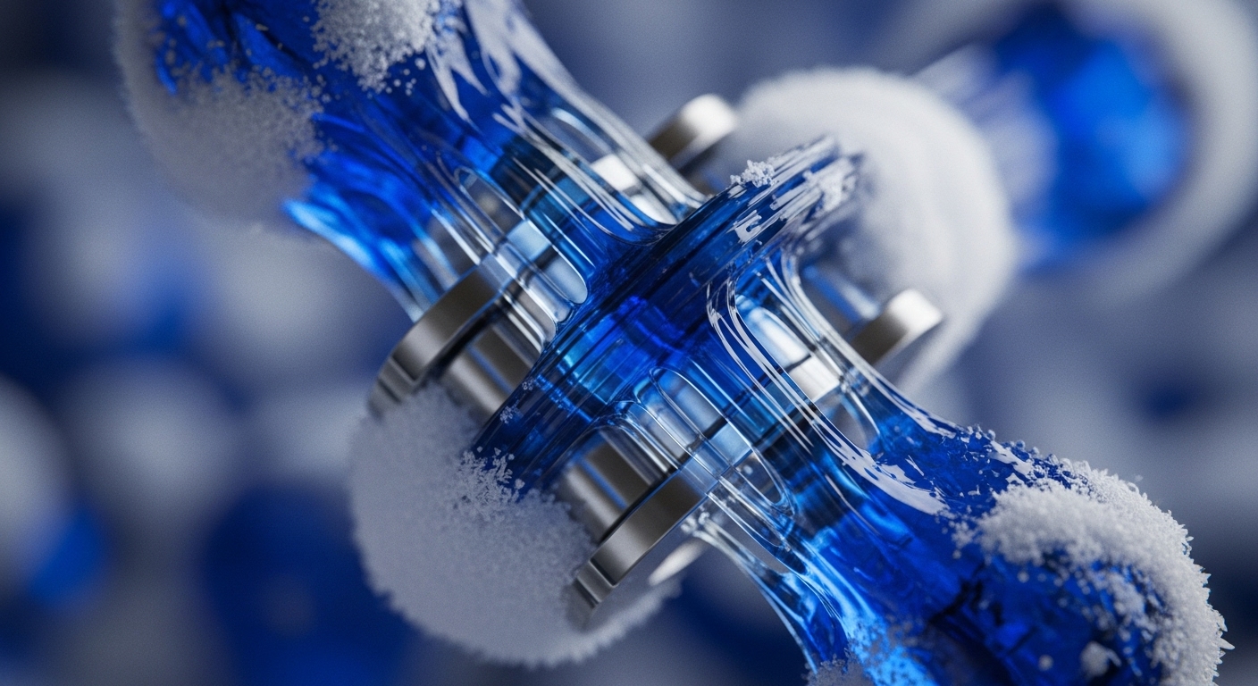 Interconnected translucent blue block segments are joined by metallic rings, visually representing a blockchain. White granular frost partially covers the structure, suggesting robust cold storage protocols and enhanced security. This DLT visual metaphor emphasizes cryptographic linking and data integrity within a decentralized network. The transparent blocks highlight on-chain data visibility and the immutability of the ledger, crucial for robust corporate crypto infrastructure and efficient consensus mechanisms among validation nodes.