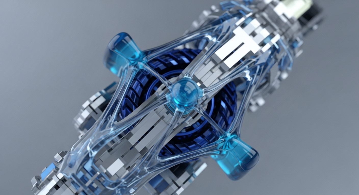 A high-resolution render showcases an abstract, futuristic mechanical device, dominated by transparent blue and metallic silver components. Its complex structure features a central glowing blue orb, connected by clear conduits to an outer framework of interlocking grey and silver panels, revealing intricate dark blue internal machinery