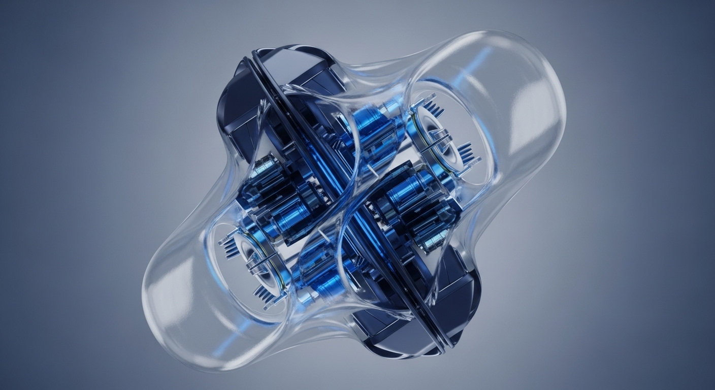 An abstract, translucent, organic-shaped vessel encases multiple intricate blue-lit mechanical modules, suspended against a gradient grey background. The central structure appears as two interconnected globular forms, revealing complex internal machinery through its clear exterior