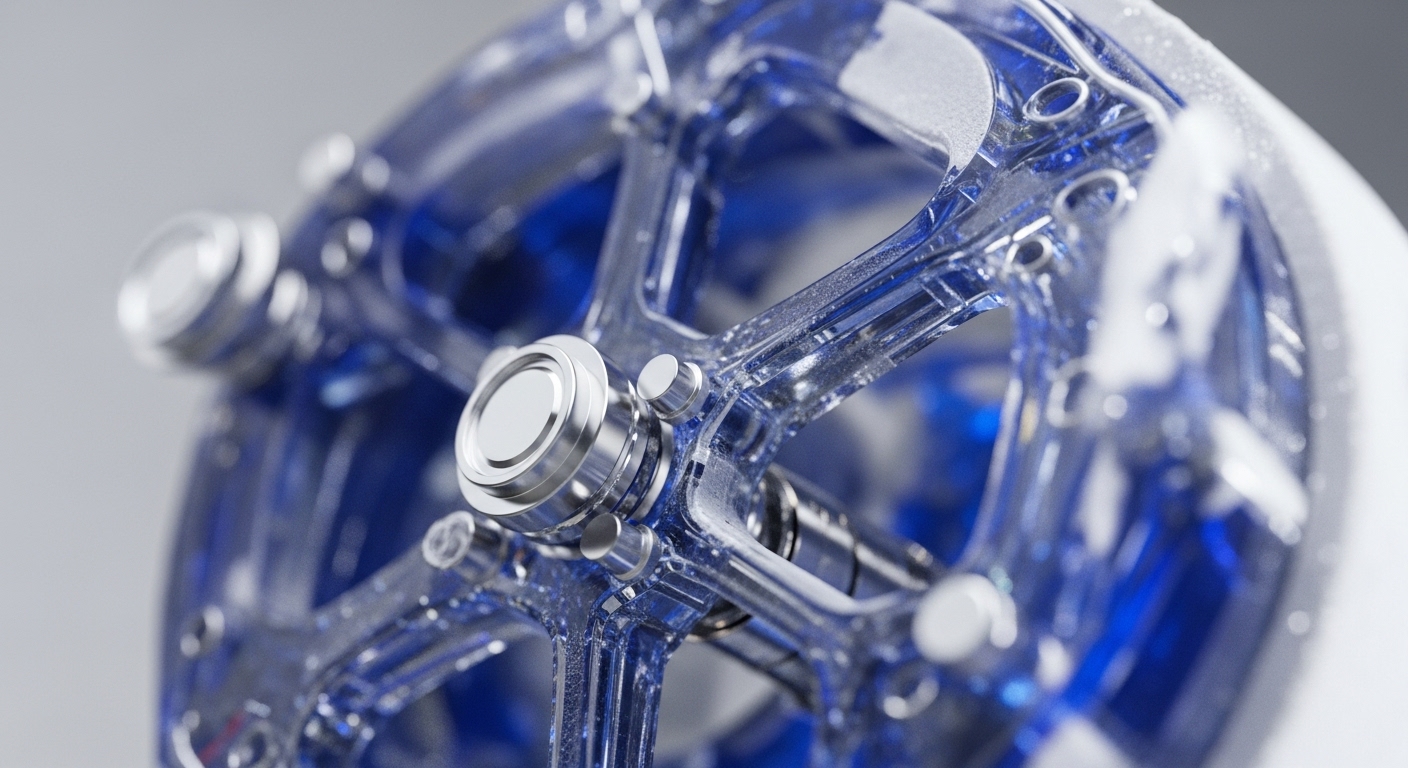 The image showcases a detailed, transparent blue mechanical structure with numerous polished silver components. This intricate framework appears to be a core hub or an advanced internal mechanism, highlighted by a shallow depth of field
