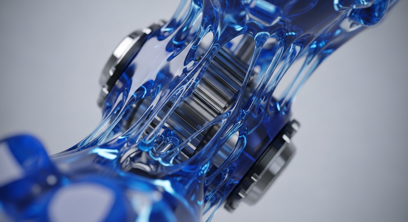 Translucent blue, fluid-like forms intricately interweave around metallic, ribbed structures in a close-up, dynamic composition. The interplay of light and shadow highlights the depth and complexity of these interconnected elements