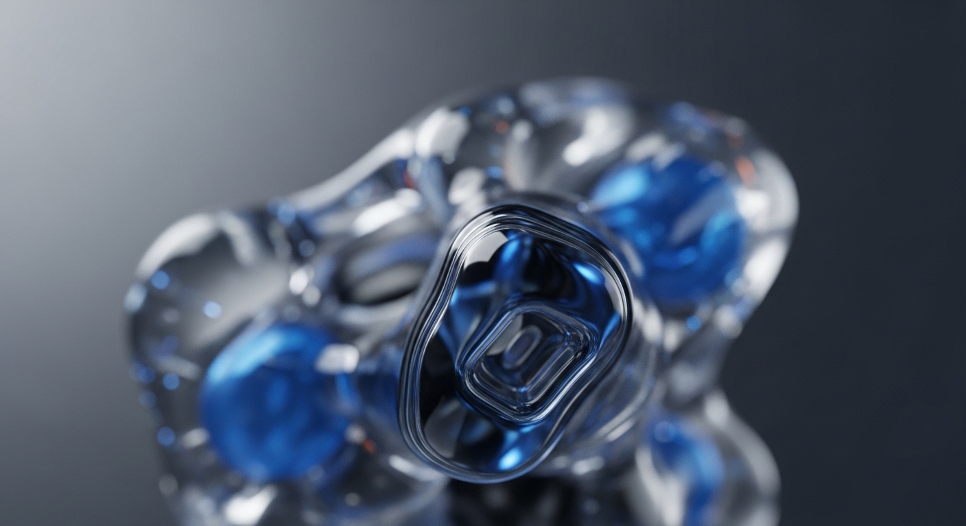The image presents a highly reflective, transparent, and fluid-like abstract form containing several luminous blue spherical elements, set against a subtle gradient background. This dynamic visual metaphorically illustrates a sophisticated blockchain consensus mechanism, where encapsulated on-chain data, represented by the blue spheres, flows within a transparent distributed ledger technology framework
