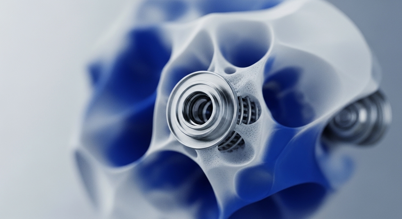 A striking abstract composition showcases a translucent, porous white structure encasing a vivid blue interior, with prominent metallic cylindrical elements. The foreground features a detailed, multi-layered metallic component, appearing as a precise mechanical part embedded within the organic framework, hinting at intricate functional design