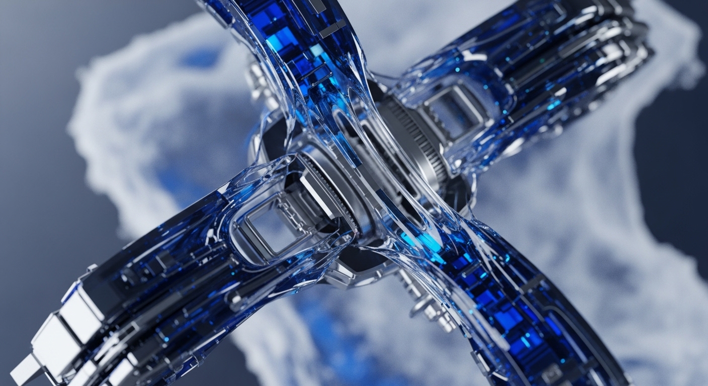 A sophisticated, transparent, and metallic X-shaped mechanism is prominently displayed, featuring intricate internal components illuminated with a vibrant blue glow. The central hub connects four distinct arms, revealing complex digital pathways against a softly blurred blue-grey background
