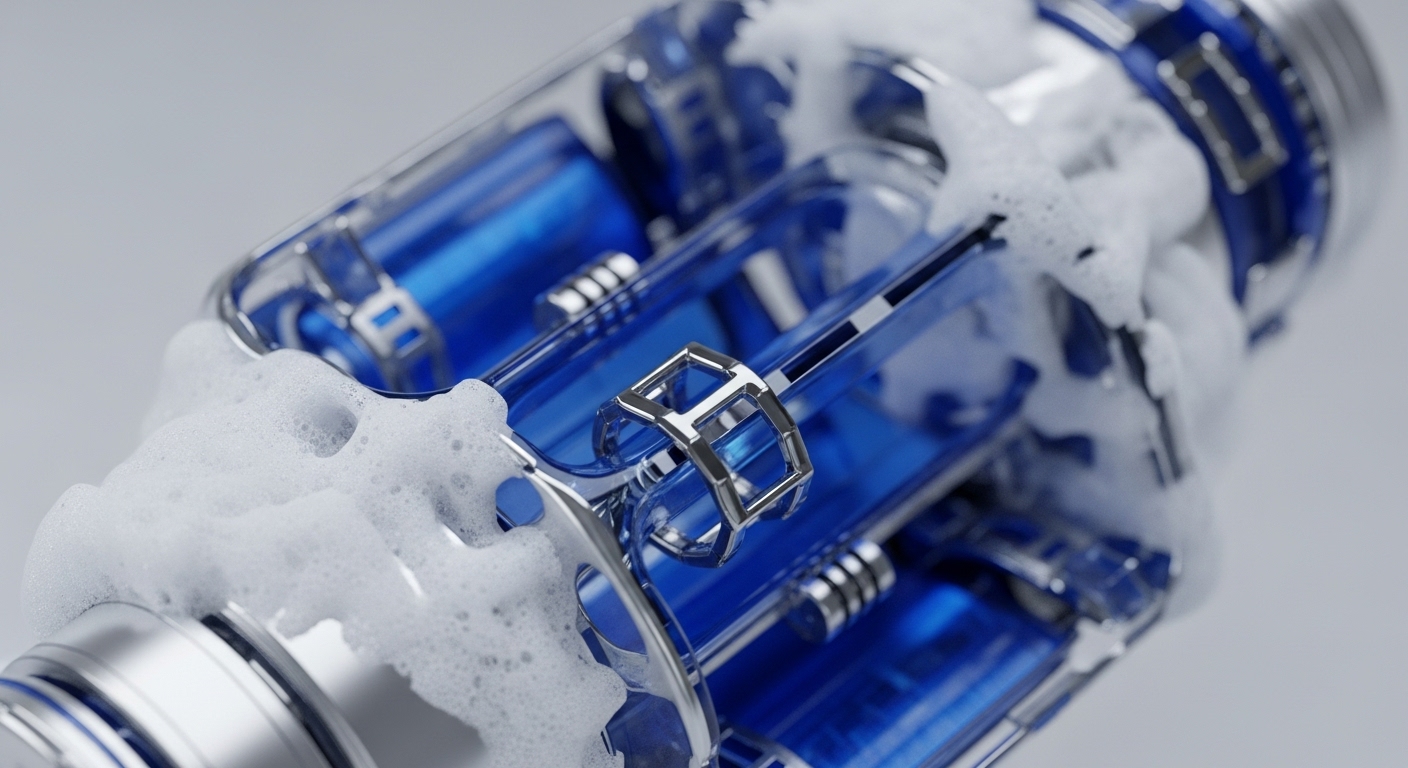 A transparent, cylindrical apparatus with internal blue elements and metallic supports is partially covered in white foam, suggesting active processing. The image showcases a complex system, highlighting its intricate internal workings and external activity, providing a glimpse into its operational state