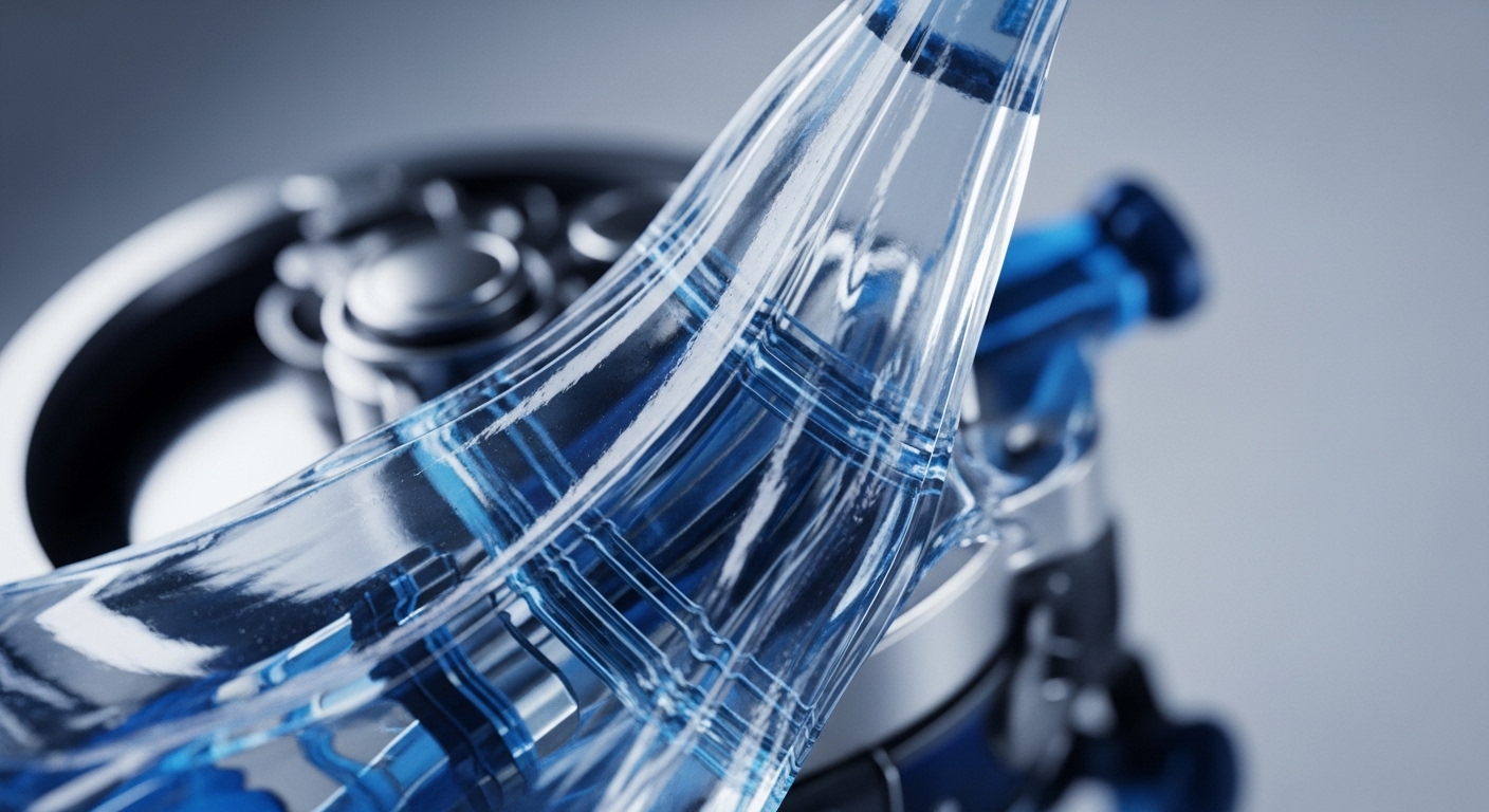 A close-up view presents a clear, undulating transparent structure with vibrant blue reflections, set against a blurred background of metallic machinery. This visual metaphor illustrates the intricate dynamics of a blockchain network