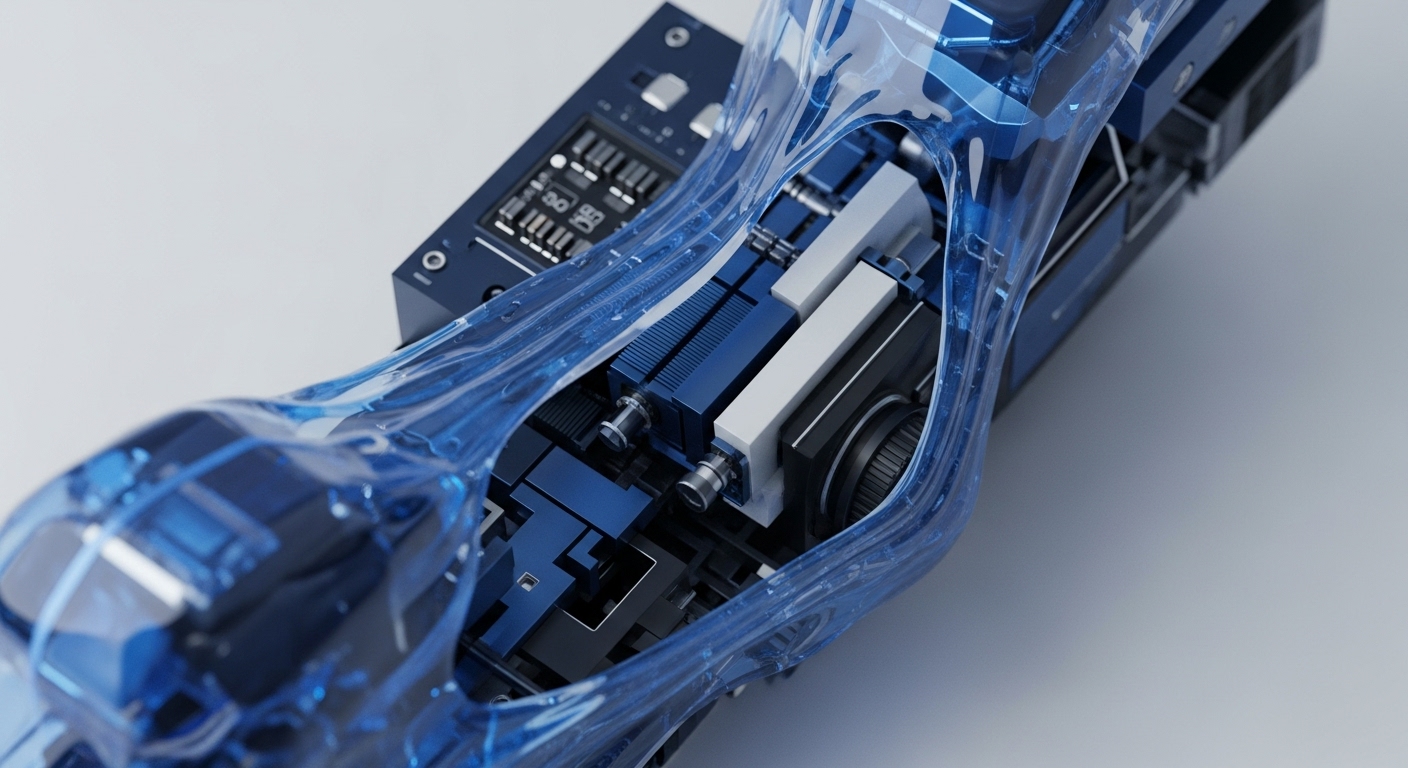 The image showcases a high-tech apparatus with a transparent, flowing blue outer shell encasing complex internal machinery. Visible are dark blue and black electronic components, including a small display showing numerical values, along with precision-machined parts