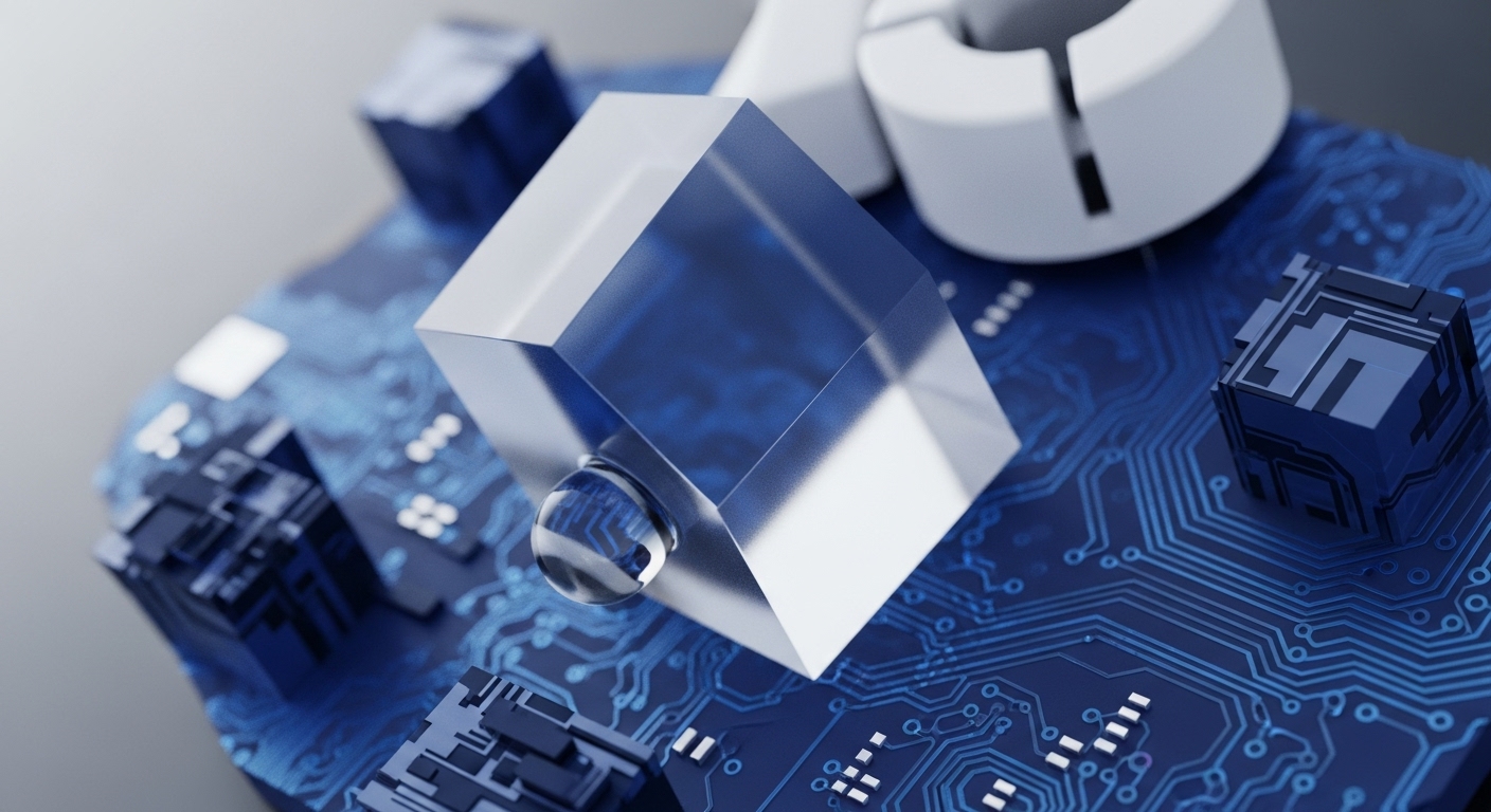 A precisely cut transparent cube, featuring a perfect spherical droplet, is positioned on a detailed blue circuit board, indicative of advanced technological infrastructure. Surrounding it are smaller, dark blue cubic elements, reminiscent of digital data blocks or encrypted nodes