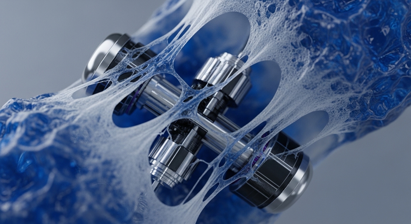 Polished metallic components, resembling interconnected gears and cylinders, are suspended within a translucent, web-like substance that forms a matrix. This intricate structure is set against a vibrant blue, textured background