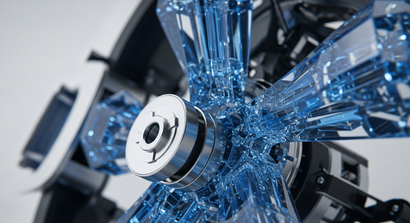 A close-up view showcases a finely engineered metallic hub, encircled by an array of transparent, faceted blue blades that appear crystalline and highly reflective. This intricate structure is suggestive of an advanced mechanical or digital system, with the blades radiating outwards from the central core