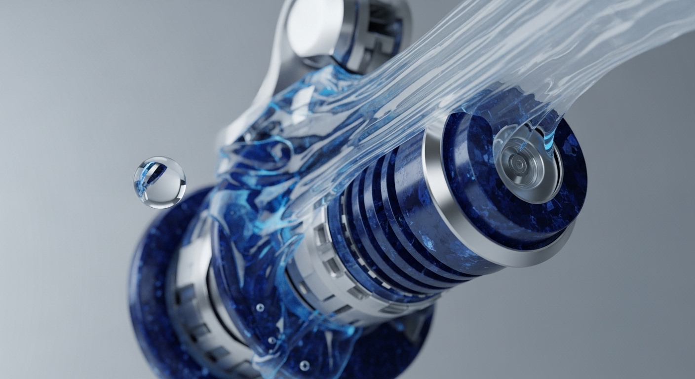 A futuristic, mechanical device featuring a prominent dark blue cylindrical core with metallic rings is depicted against a clean, light grey background. A translucent, light blue stream flows dynamically across the device's upper section, and a clear spherical orb floats to its left