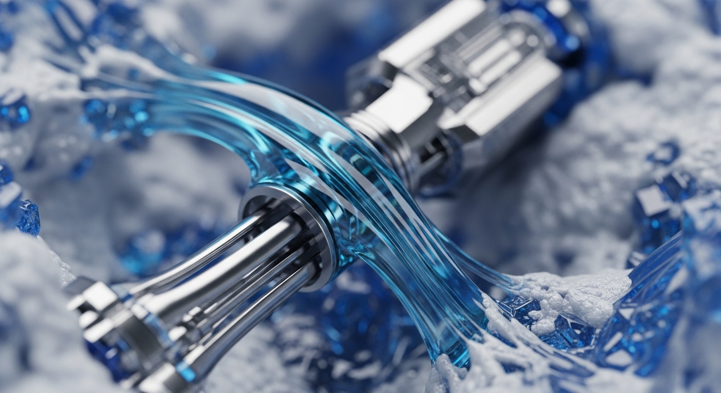The visual depicts intricate metallic components connected by a vibrant, translucent blue conduit, set against a textured, frosty background adorned with luminous blue crystalline fragments. This detailed rendering highlights precision engineering and the dynamic interplay between elements in a high-tech environment