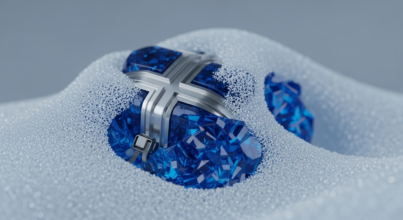 A metallic silver structure, designed like a cross and adorned with deep blue faceted crystals, is partially submerged in a granular white field. A smaller blue crystal cluster is visible in the background, also partially covered