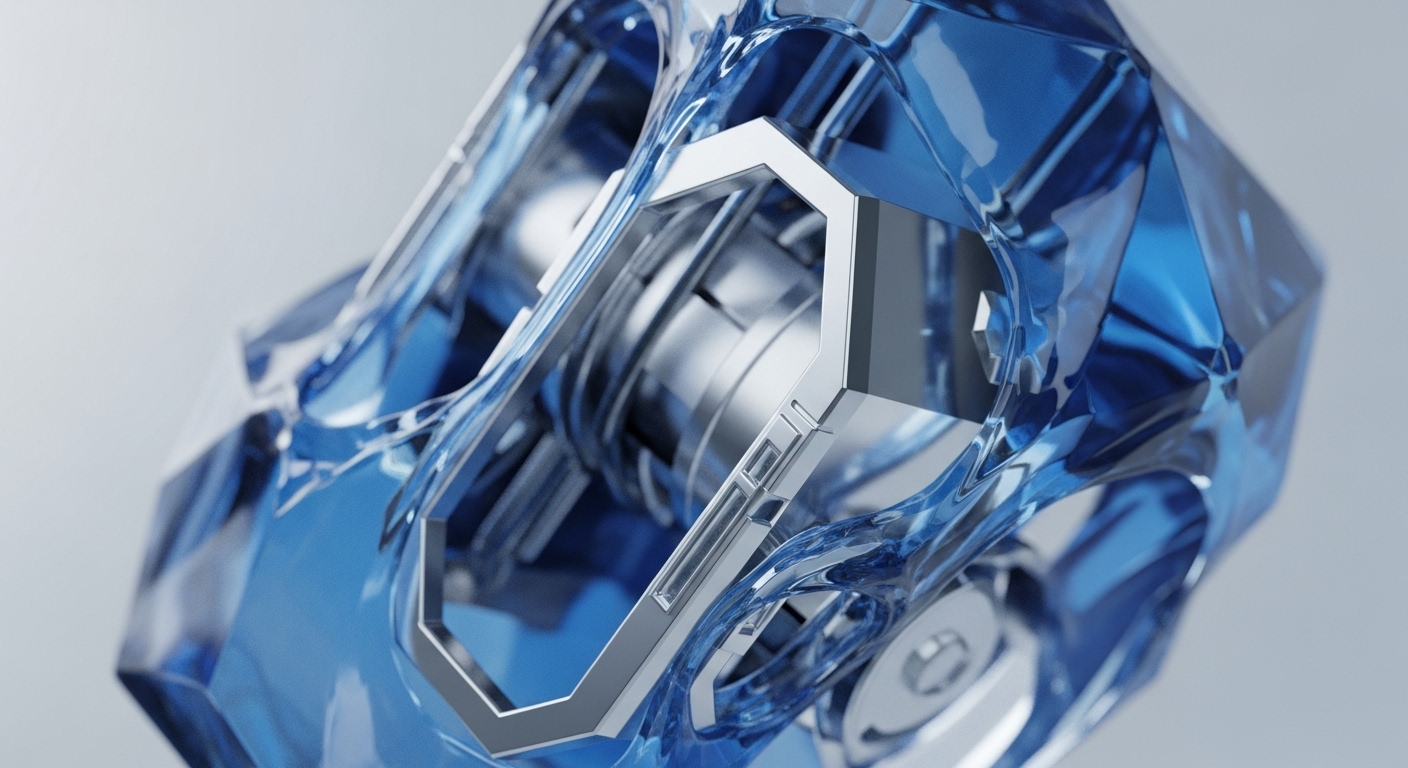 The image showcases a striking abstract composition featuring a prominent metallic, multi-faceted structure at its core, enveloped by translucent, deep blue, crystalline forms. The intricate design highlights the interaction between the reflective central component and the flowing, angular blue elements, set against a soft, light background