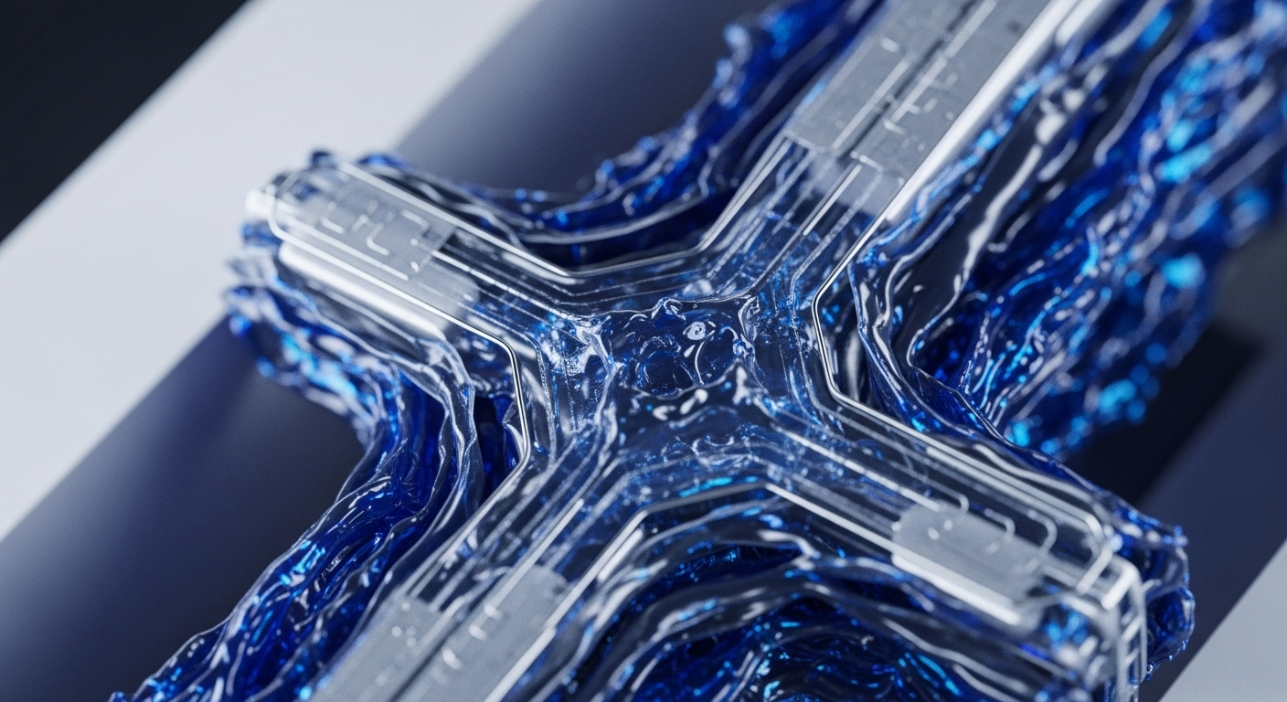 A metallic, angular, cross-shaped structure is prominently featured, partially submerged and surrounded by a vibrant, translucent blue substance that appears to be flowing and pulsating with internal light. The background provides a clean, split-tone backdrop of light grey and dark grey, emphasizing the central object