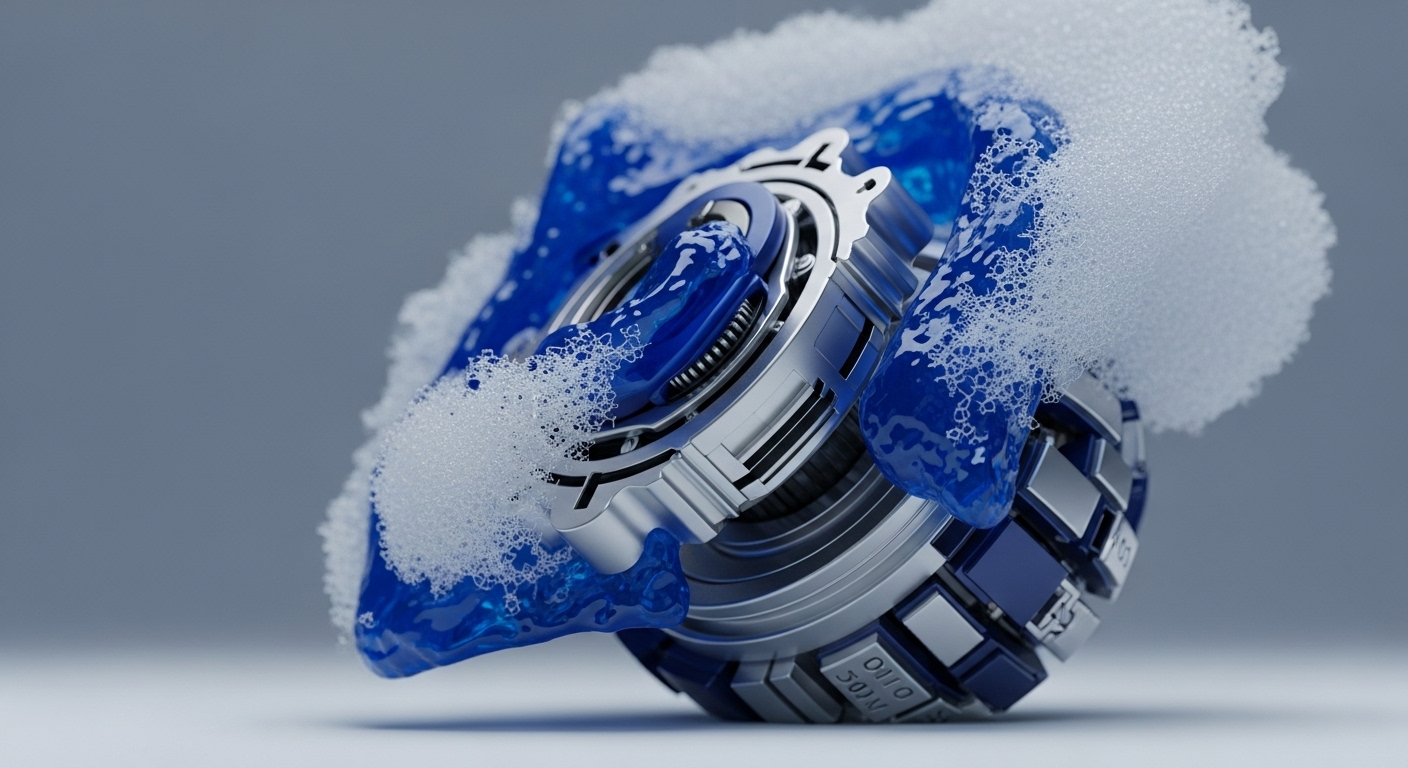 A highly detailed, intricate metallic component, rendered in silver and deep blue, is partially immersed in a vibrant blue liquid, topped with a layer of frothy white foam. The object's complex structure, resembling an advanced mechanical core, rests on a light grey surface, emphasizing its operational focus
