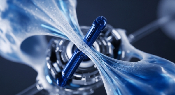 A vivid blue cylindrical component, resembling a validator node, stands at the core of a complex system. Translucent, effervescent data streams, indicative of high transaction throughput and liquidity flows, interlace around it. These streams exhibit granular textures, suggesting aggregated microtransactions or gas fees. Behind, intricate metallic structures reveal a robust distributed ledger technology DLT architecture, underscoring advanced cryptographic primitives and efficient smart contract execution within a scalable blockchain network.