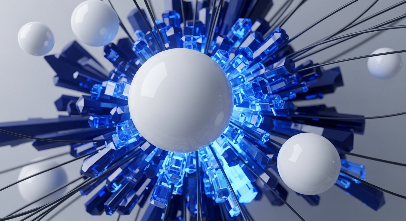 An abstract digital rendering displays a central, radiant cluster of blue crystalline forms and dark geometric shapes, from which numerous thin black lines emanate. These lines weave through a sparse arrangement of smooth, reflective white spheres against a light grey background