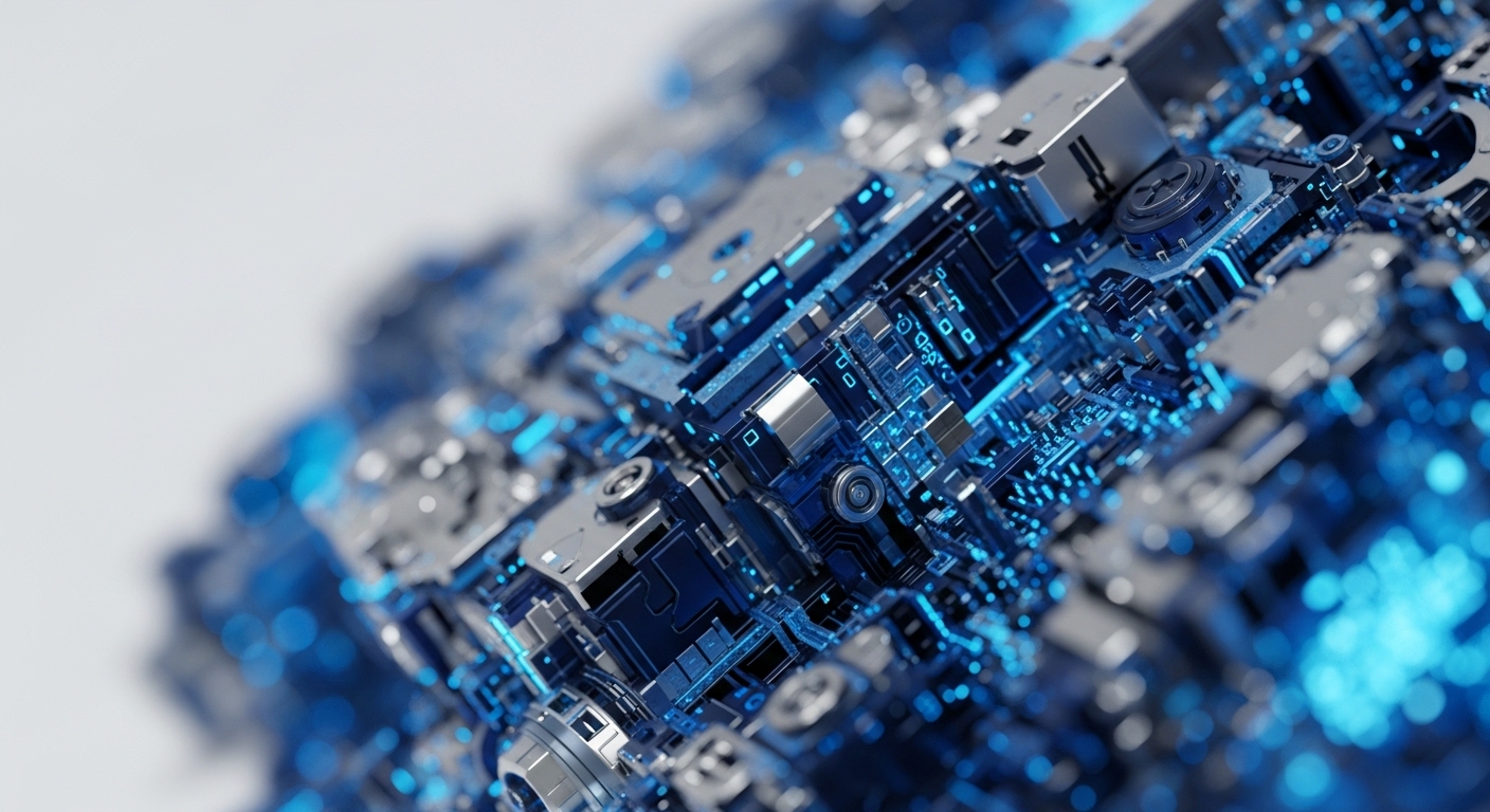 A close-up view presents an elaborate arrangement of metallic silver and deep blue technological components. Bright blue light emanates from within and along these structures, highlighting their intricate design against a softly blurred background