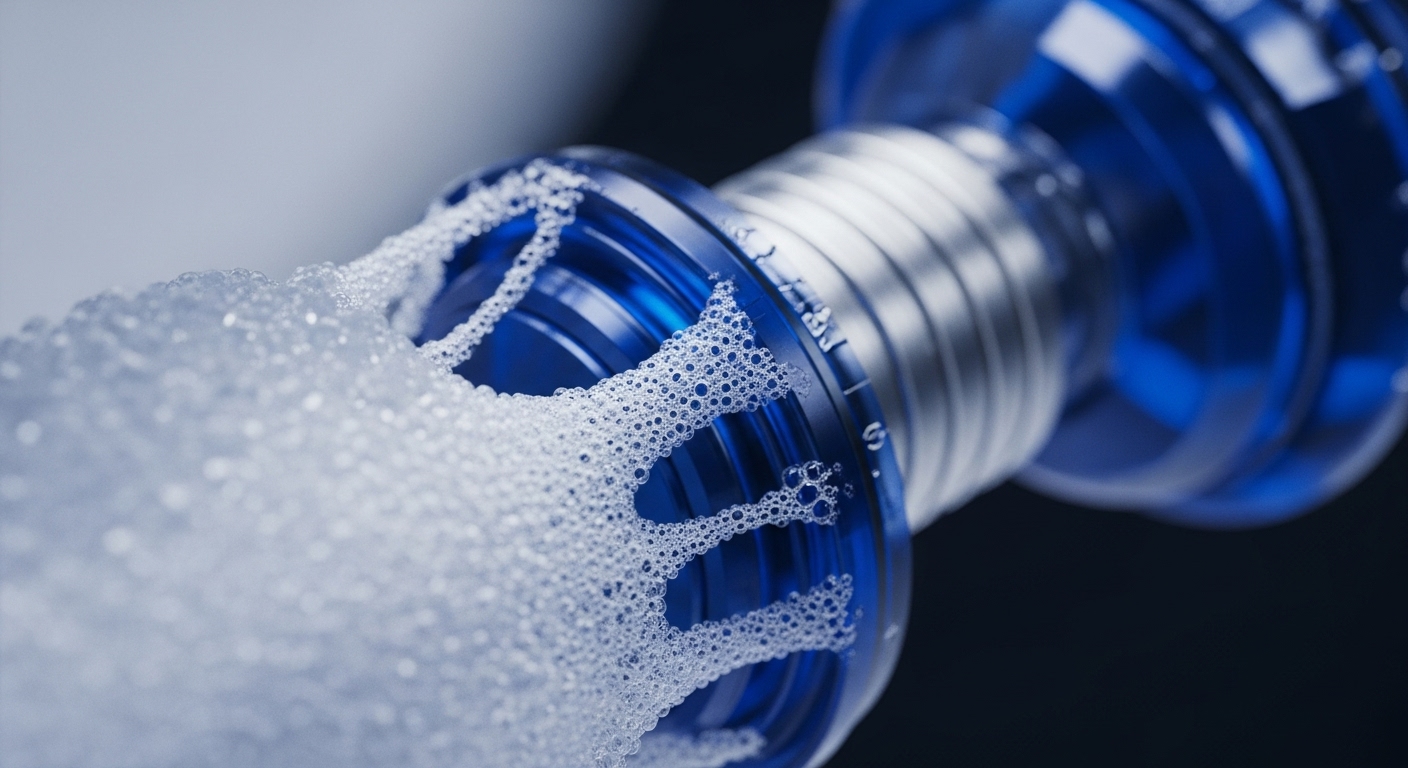 A detailed close-up shows white foam actively flowing through a sophisticated blue and silver mechanical component. The foam, composed of numerous small bubbles, interacts with the structured internal pathways of the blue element, while the silver part suggests a robust connection