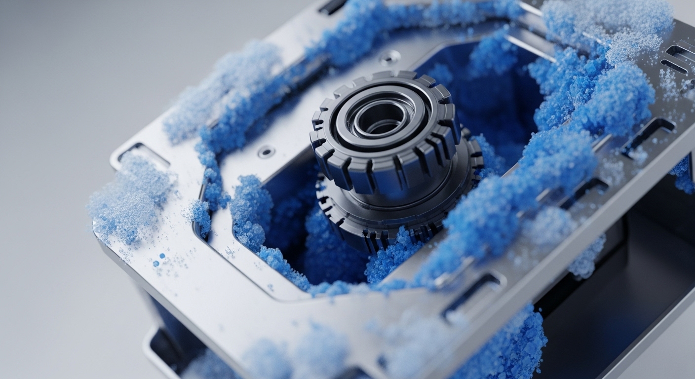 A metallic, gear-like component is prominently featured, partially submerged and surrounded by vibrant blue granular material within a structured enclosure. The detailed composition highlights the intricate interaction between the central mechanism and the surrounding elements