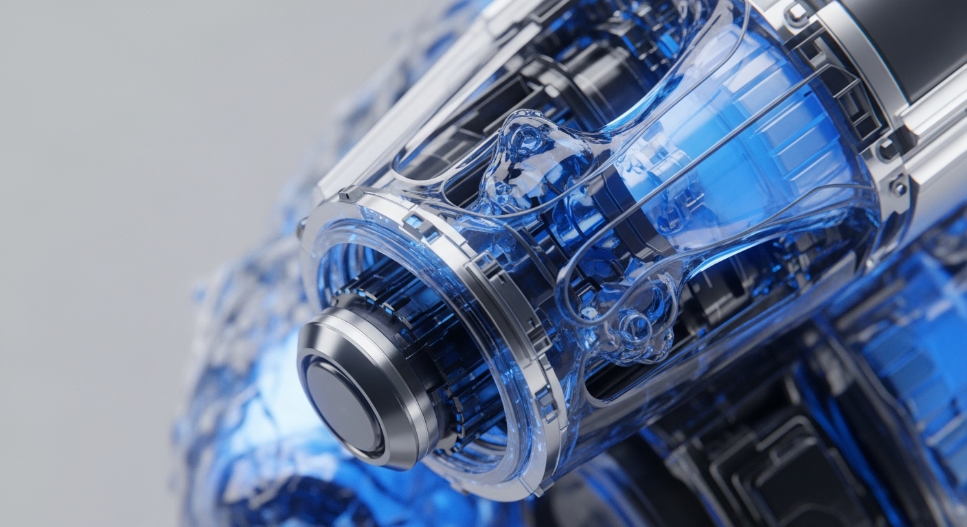 A close-up reveals a complex, futuristic mechanical component crafted from translucent blue material and polished metallic alloys. Its internal structure features glowing blue channels and precisely engineered silver elements, suggesting a high-tech processing unit