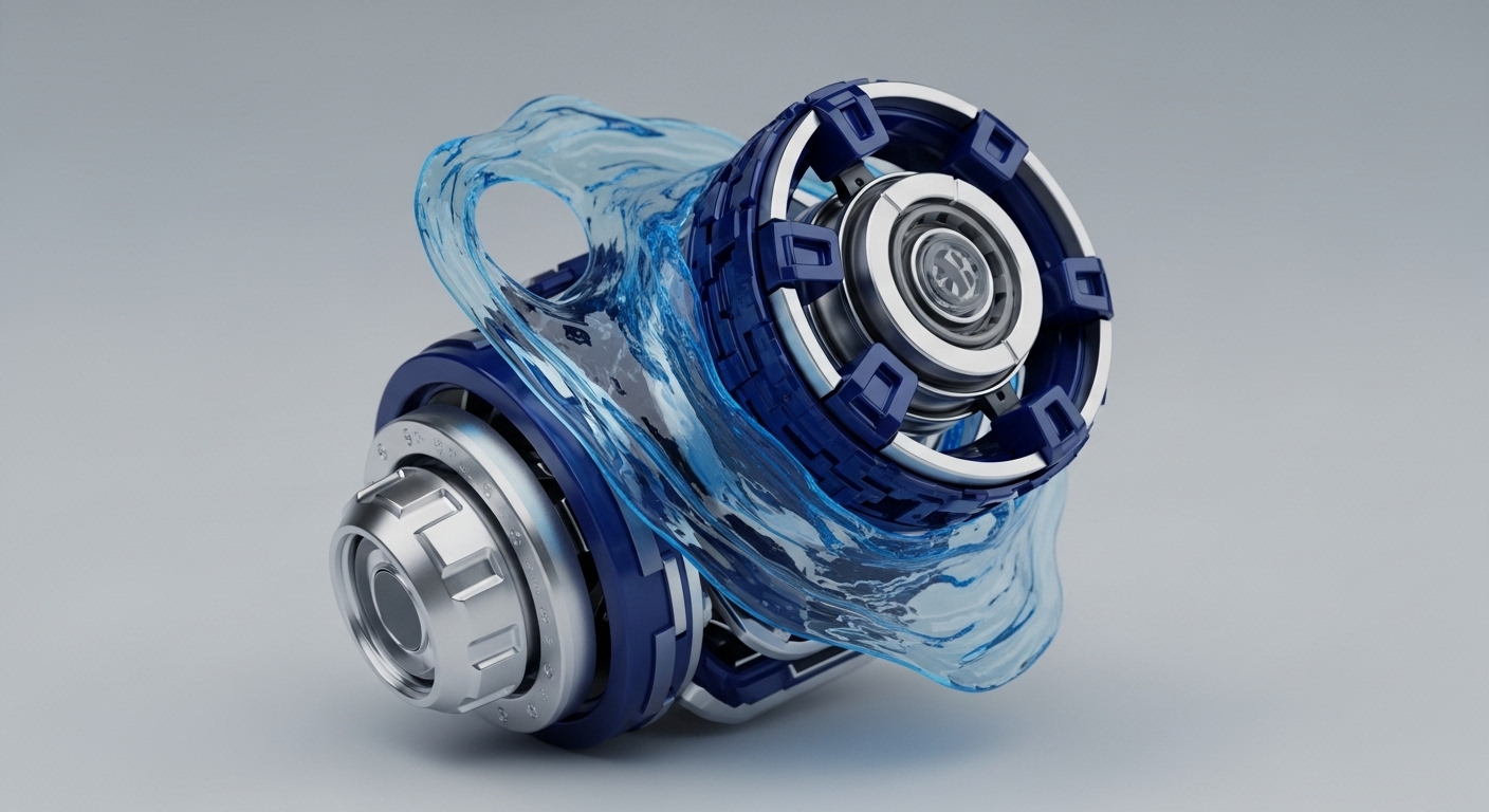 A sleek, futuristic mechanical device, featuring metallic silver and dark blue components, is dynamically enveloped by translucent, light blue liquid. This intricate core, possibly a validator node or DeFi protocol engine, symbolizes the flow of digital asset liquidity within a decentralized autonomous organization DAO. The swirling liquid represents real-time value transfer and algorithmic stability, highlighting the complex tokenomics architecture and consensus mechanism vital for blockchain network integrity and efficient cross-chain interoperability in a Web3 ecosystem.