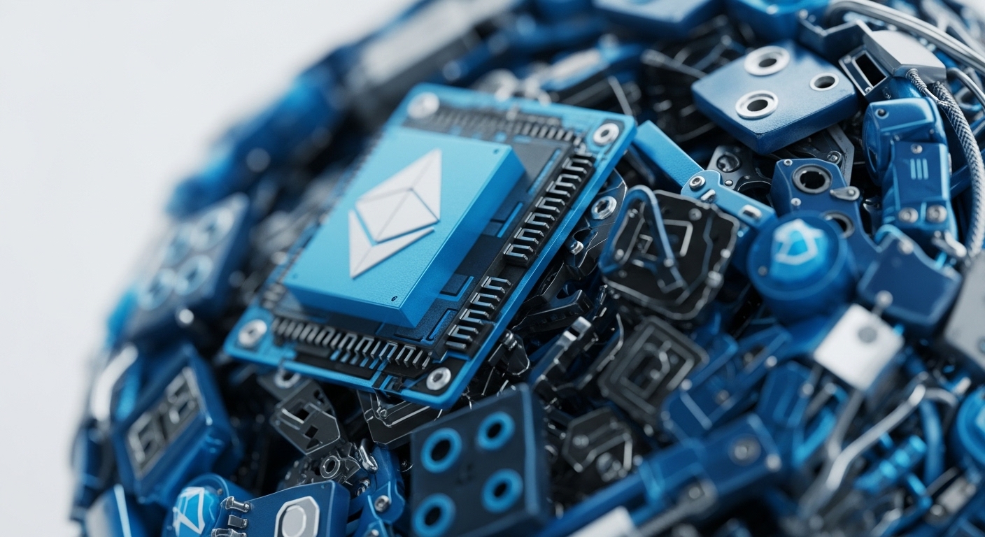 The image displays a close-up view of a highly detailed, intricate mechanical and electronic assembly. At its core is a bright blue square component, prominently featuring the white Ethereum logo, surrounded by complex metallic and dark blue structural elements
