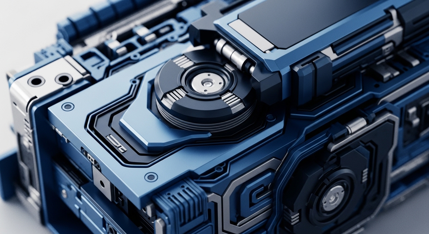 A close-up view reveals a complex, modular mechanical device rendered in metallic blue and silver tones, showcasing intricate panels, visible fasteners, and a prominent central circular mechanism with radial segments. Various vents and structured surfaces suggest a high-performance, industrial-grade computing component integral to secure operations
