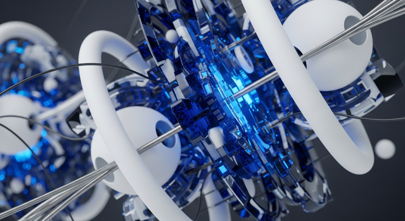 The visual displays an abstract, high-tech network of white tubular structures and spheres intertwined with a vibrant blue, glowing, translucent central mechanism. Numerous silver rods and thin black wires connect these elements, creating a sense of complex internal machinery