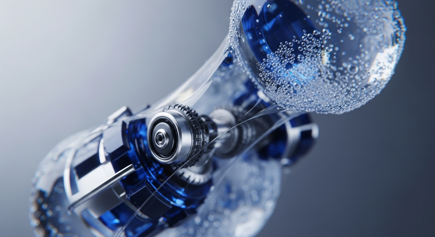 A detailed perspective showcases sophisticated metallic gears and bearings, intricately positioned within a clear, fluid-filled enclosure. The vibrant blue liquid, teeming with numerous small bubbles, circulates around these precisely engineered components, highlighting their operational interaction