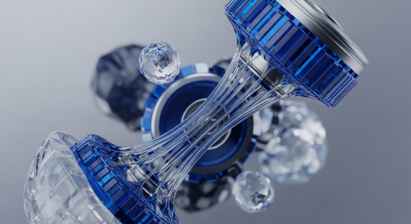 The image presents an abstract, high-tech mechanism featuring translucent blue and clear components in a dynamic arrangement. Two ribbed, cylindrical structures are interconnected by multiple transparent, flexible strands, surrounded by shimmering crystalline spheres against a soft, blurred background