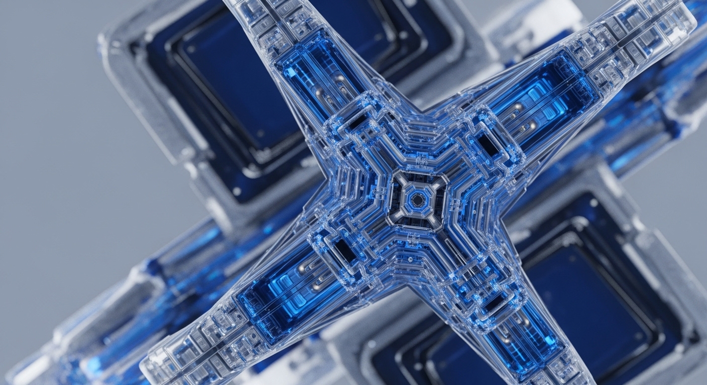 A highly detailed, transparent, and blue-lit abstract digital structure is presented against a soft grey background. The central element is a star-shaped configuration with four arms, revealing intricate internal components and glowing blue lines, suggesting data flow or energy