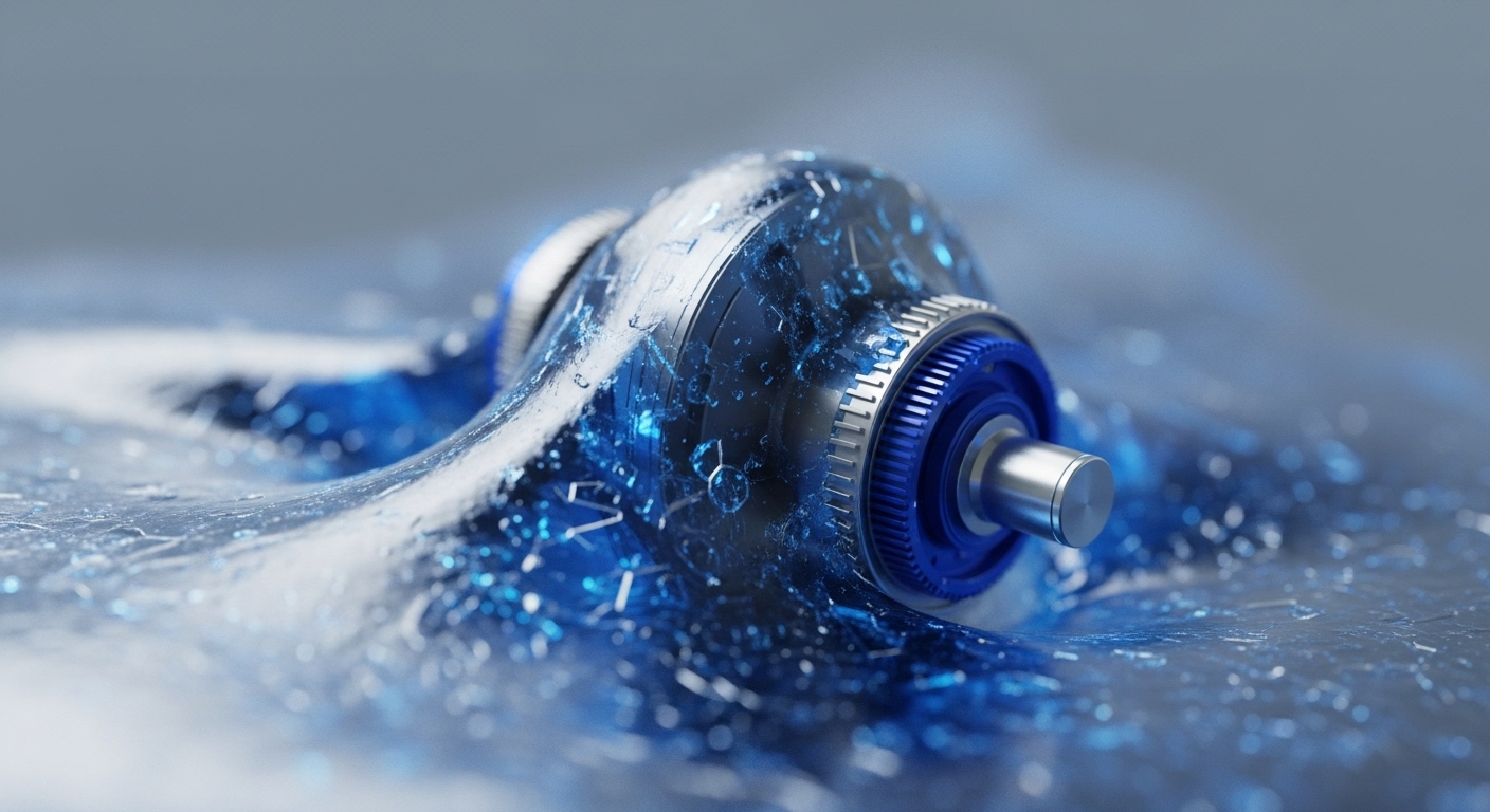 A futuristic metallic component, featuring a polished silver shaft and a blue geared ring, is immersed in a dynamic, translucent blue substance. This effervescent medium, filled with glowing particles and interconnected structures, appears to flow around the central mechanism