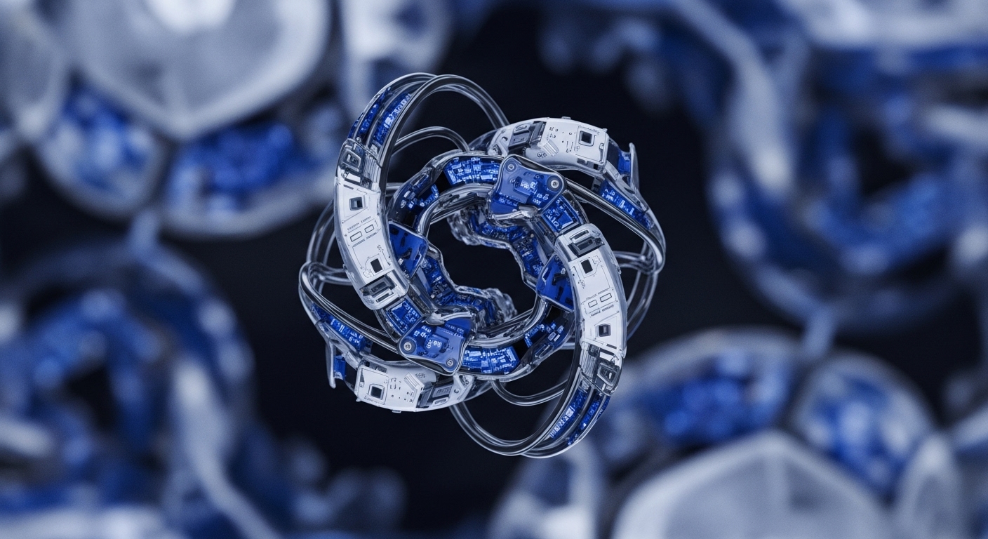 The foreground features an intricately interwoven technological structure, combining reflective metallic components with transparent sections that expose glowing blue circuit boards and digital patterns. This complex assembly is sharply defined against a softly blurred backdrop of similar, ethereal elements